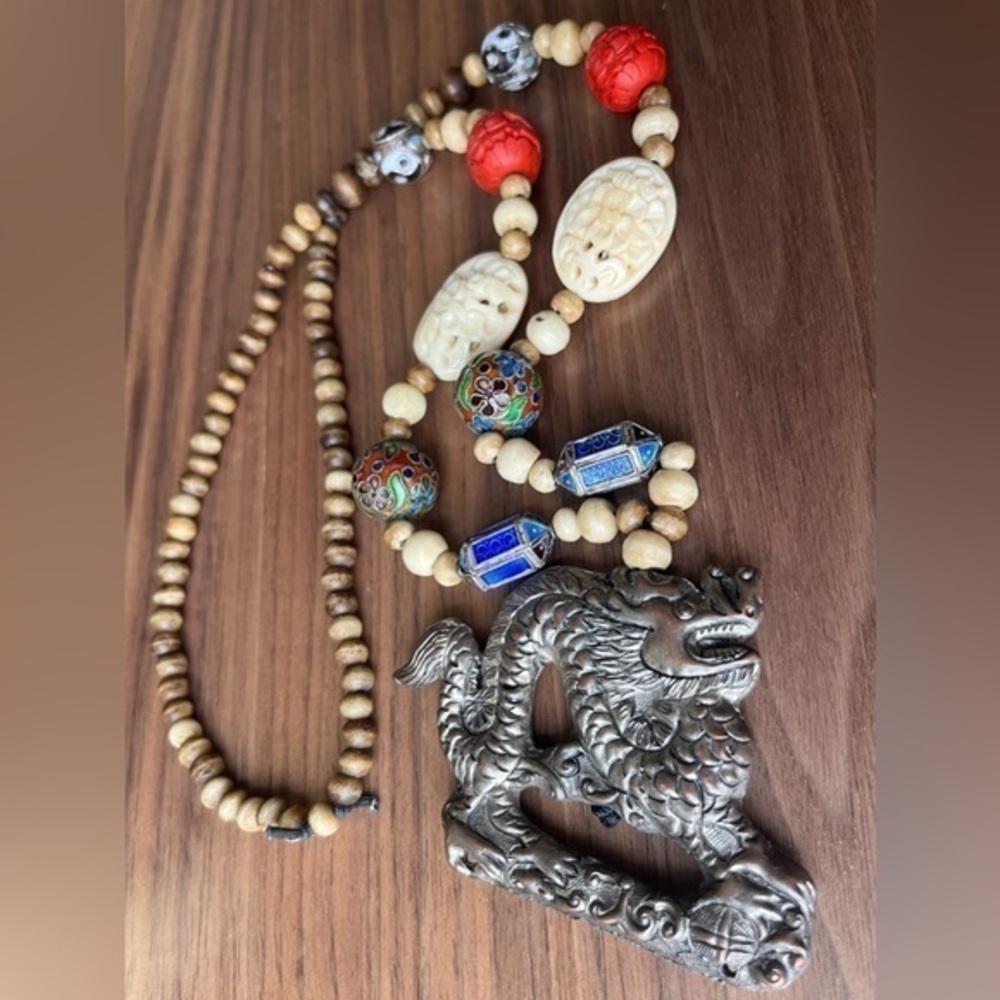 Rare❗️Antique Vintage Asian HUGE Copper Dragon Necklace with Cinnabar and Bone